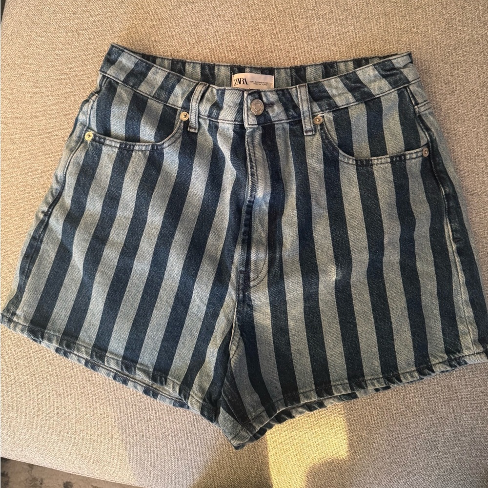 Zara Women Denim Striped Jean Shorts NEW